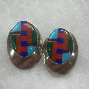 Zuni Inlay Sterling Earrings—Turquoise, Coral, Lapis, Malachite, Large Earr—EUC!